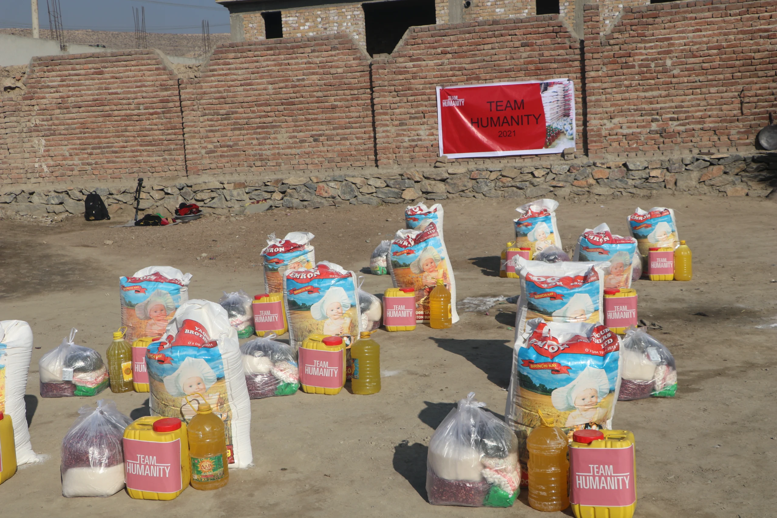 Essential food packages ready for distribution.
